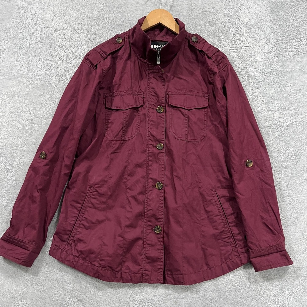 BUFFALO David Bitton Jacket Women‎ M Light Zip Button Roll Tab Sleeves Burgundy